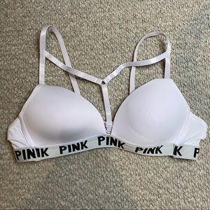 white pink sports bra with front chest strap